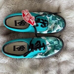 Vans Teal and Green Tropical Leaf Canvas Sneakers